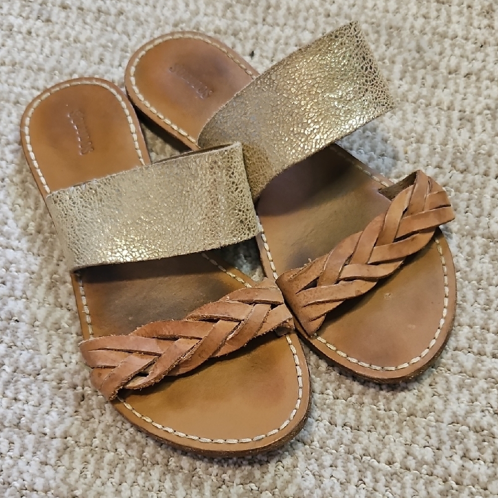 Soludos Gold and Brown 100% Leather Sandals with Braided Strap SIZE 7 1/2